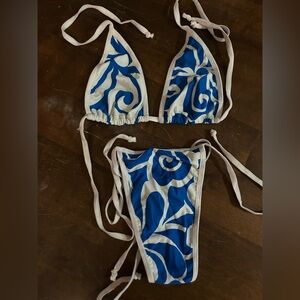 NWOT Skimpy Handmade Triangle Top Tie Side Cheeky Bottom Blue & White Bikini Set